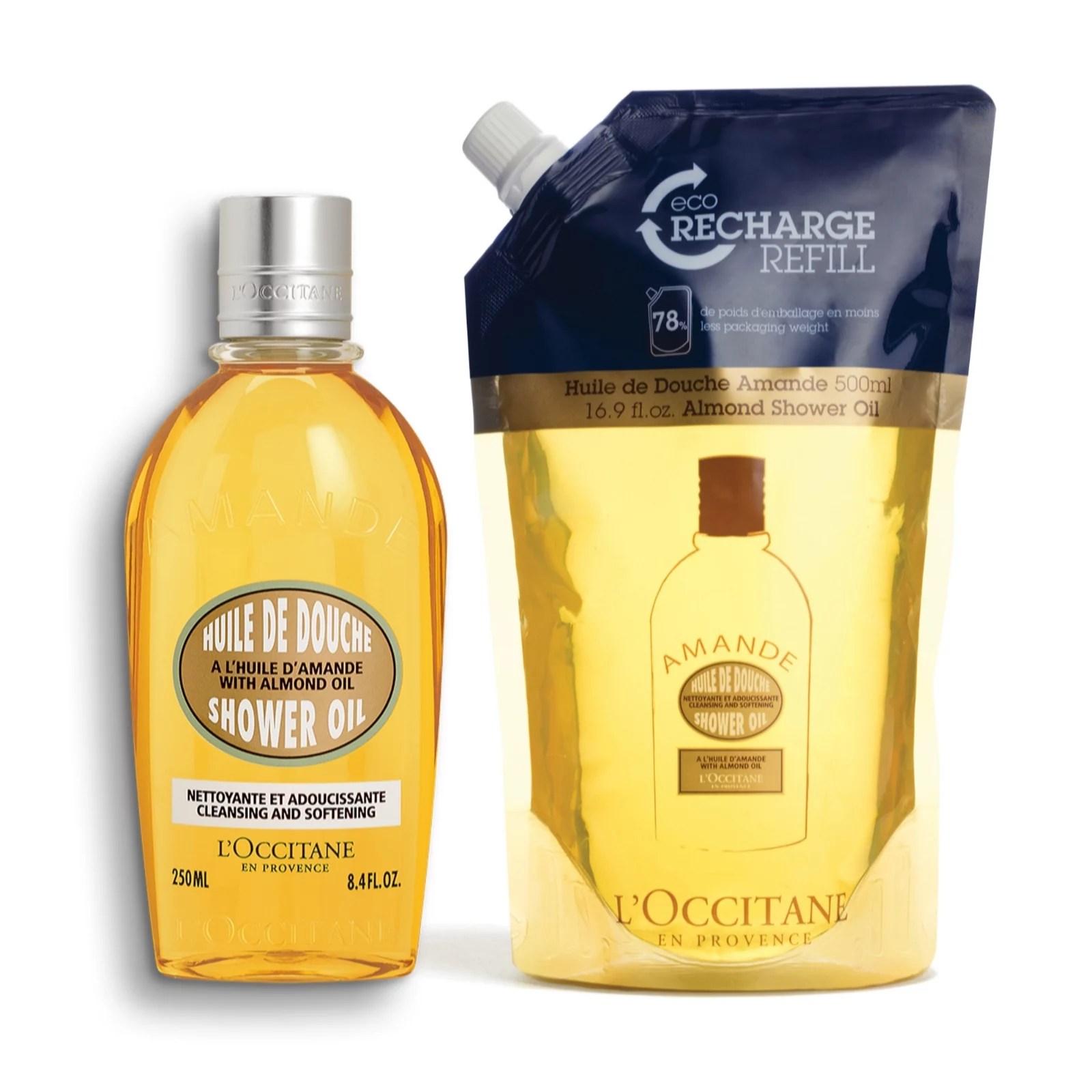 L'Occitane Almond Shower Oil 250ml & Eco Refil 500ml QVC UK