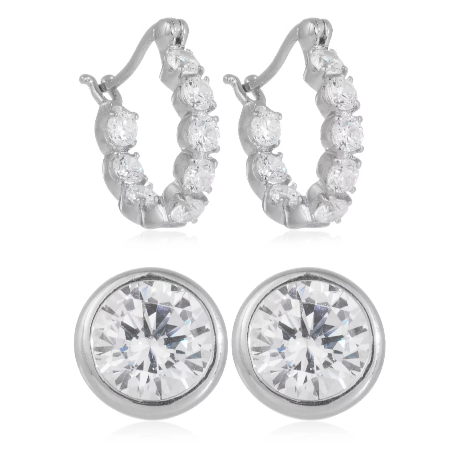 Diamonique 2.8ct tw Stud & Hoop Earring Set Sterling Silver QVC UK