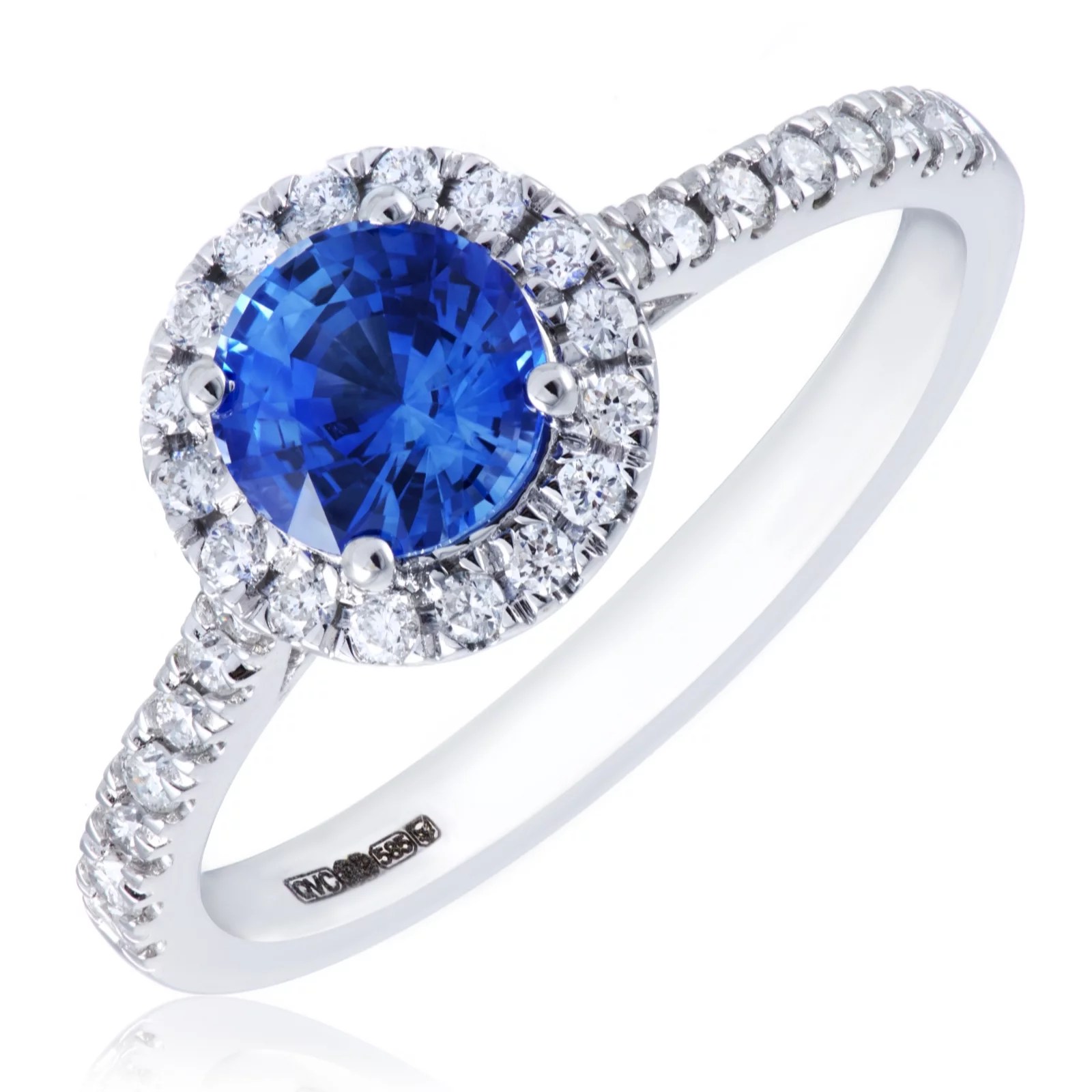 0.85ct Cornflower Blue Sapphire Round 0.33ct Diamond Halo Ring 14ct