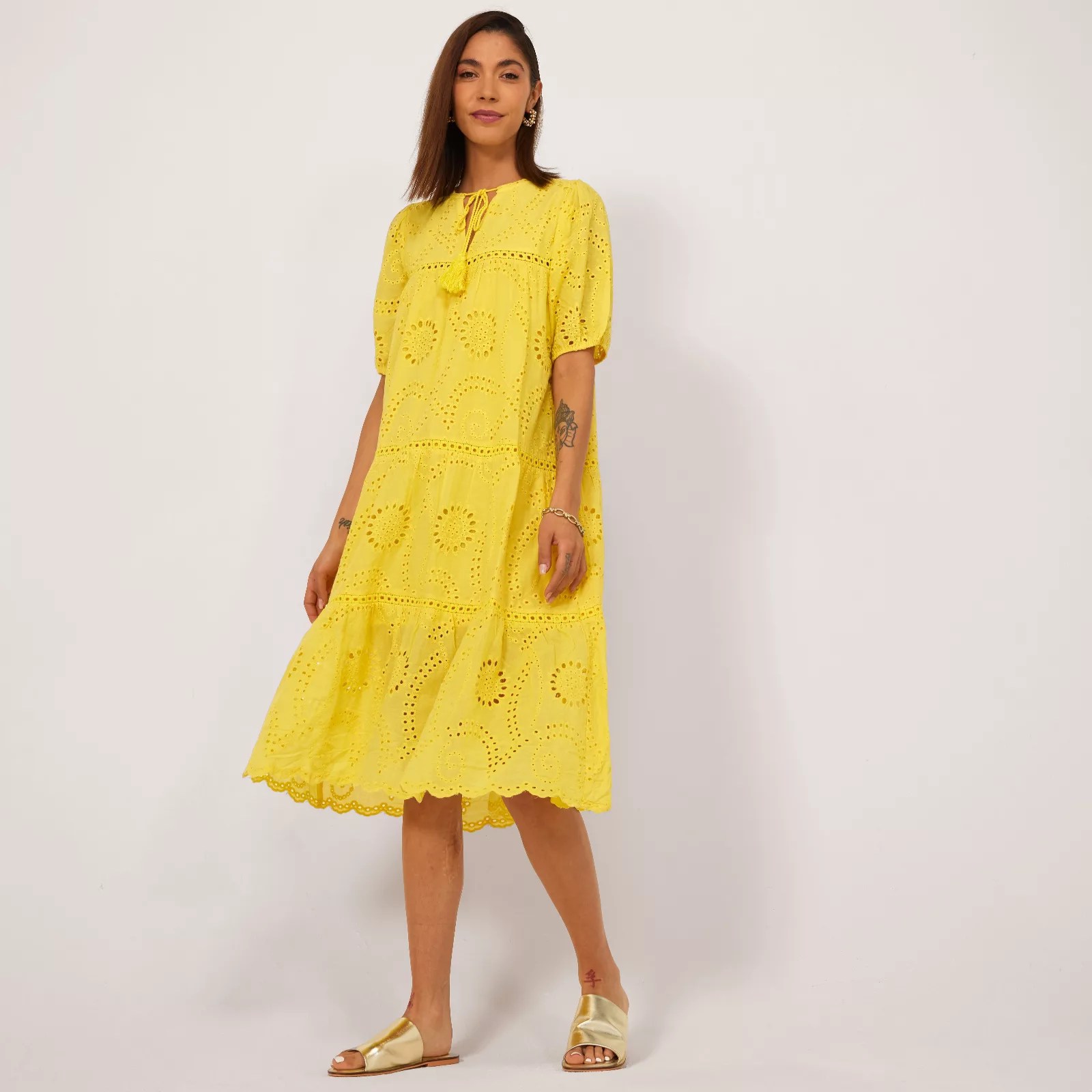 Apricot Broderie Anglaise Tiered Midi Dress QVC UK