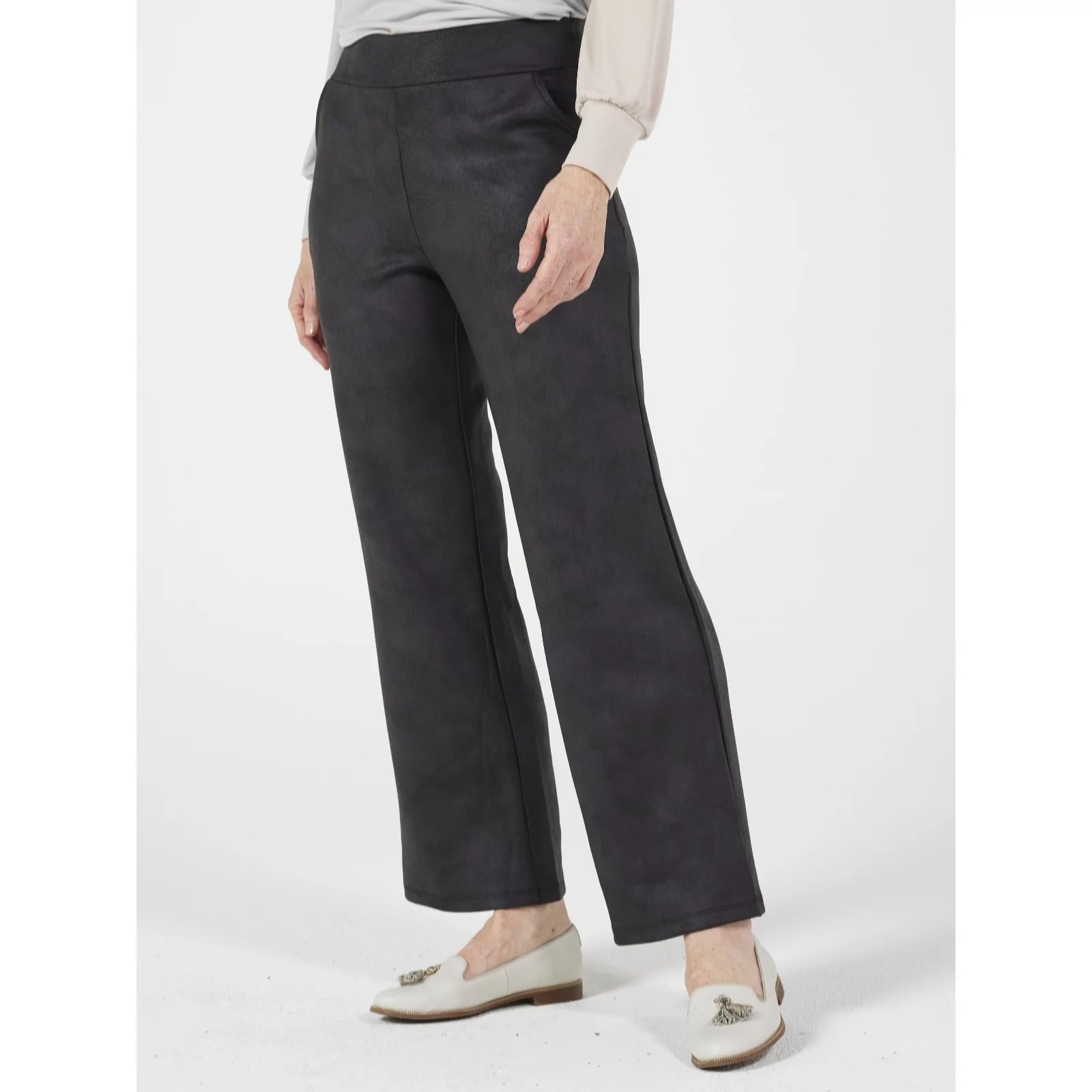 Kim & Co Shadow Pleather Knit Wide Leg Trousers Petite QVC UK
