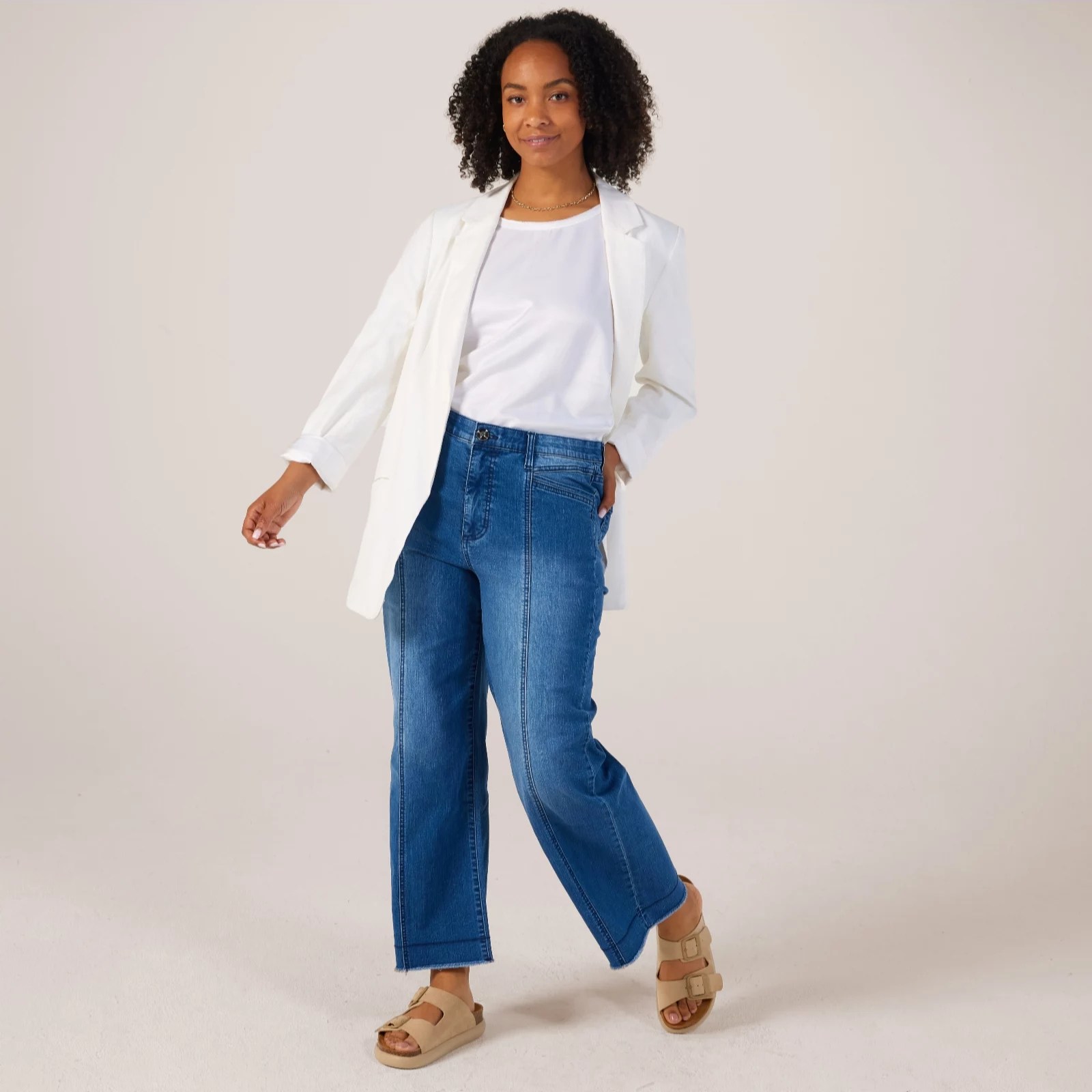 Marla Wynne Denim Relaxed Wide Jean with Frayed Hem Indigo Medium