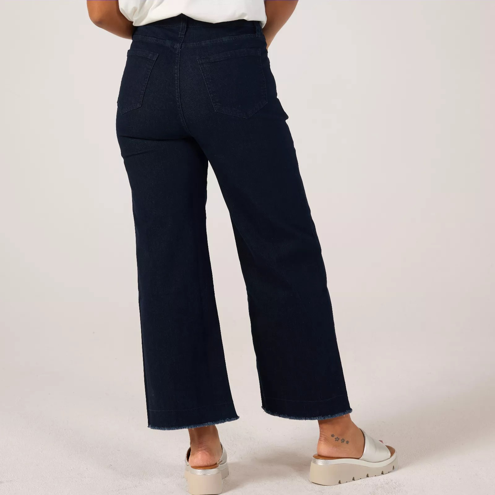 Marla Wynne Denim Relaxed Wide Jean with Frayed Hem Indigo Medium