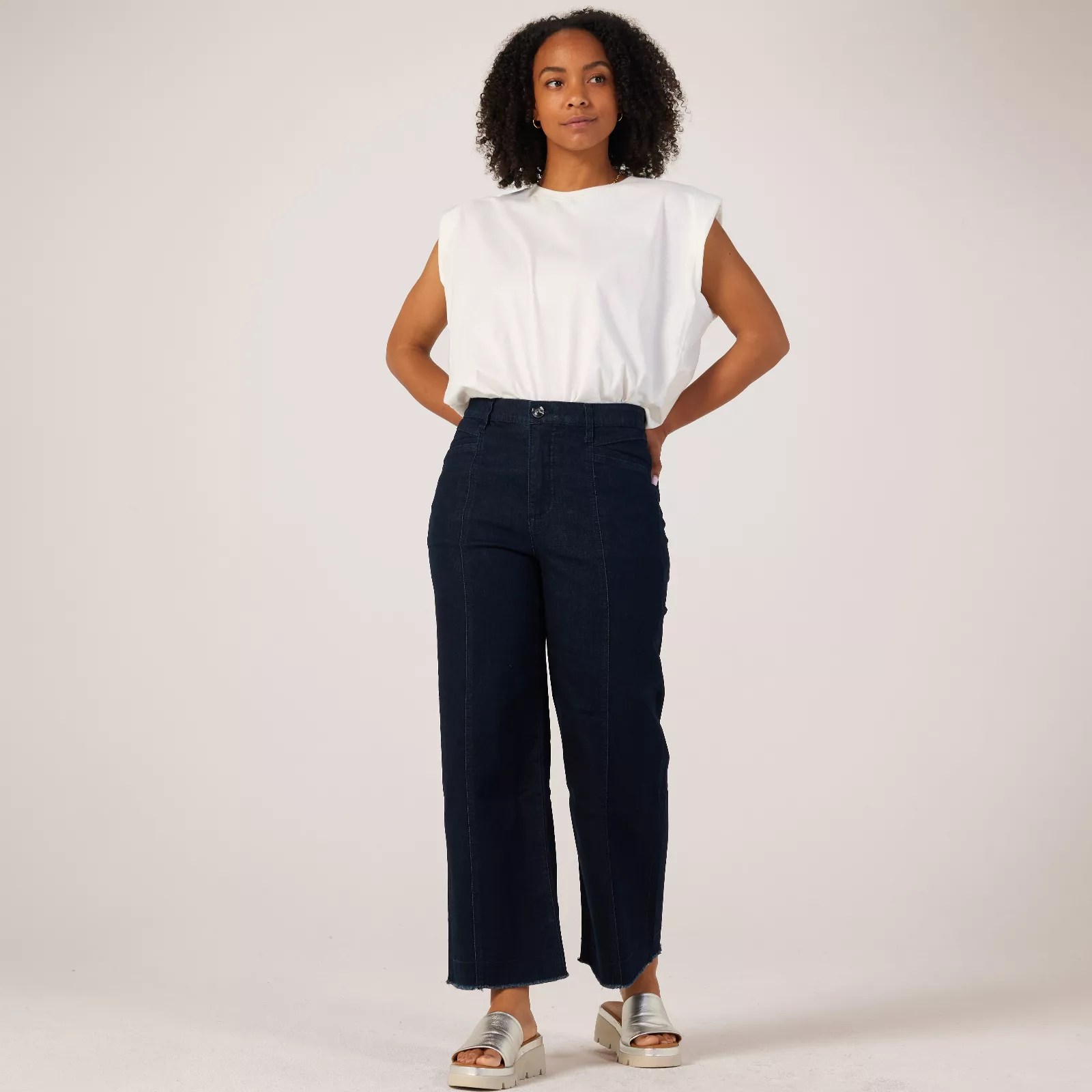 Marla Wynne Denim Relaxed Wide Jean with Frayed Hem Indigo Medium