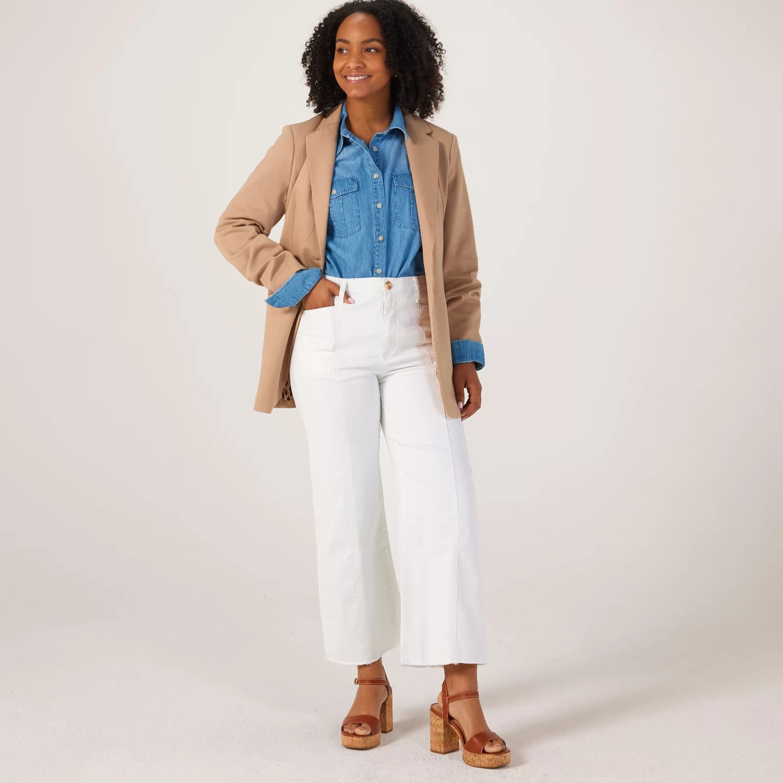 Marla Wynne Denim Relaxed Wide Jean with Frayed Hem White QVC UK