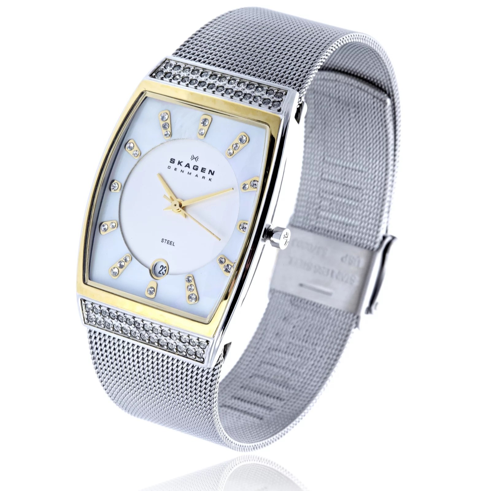 Skagen Ladies Square MOP Dial Goldtone Bezel Mesh Strap Watch QVC UK
