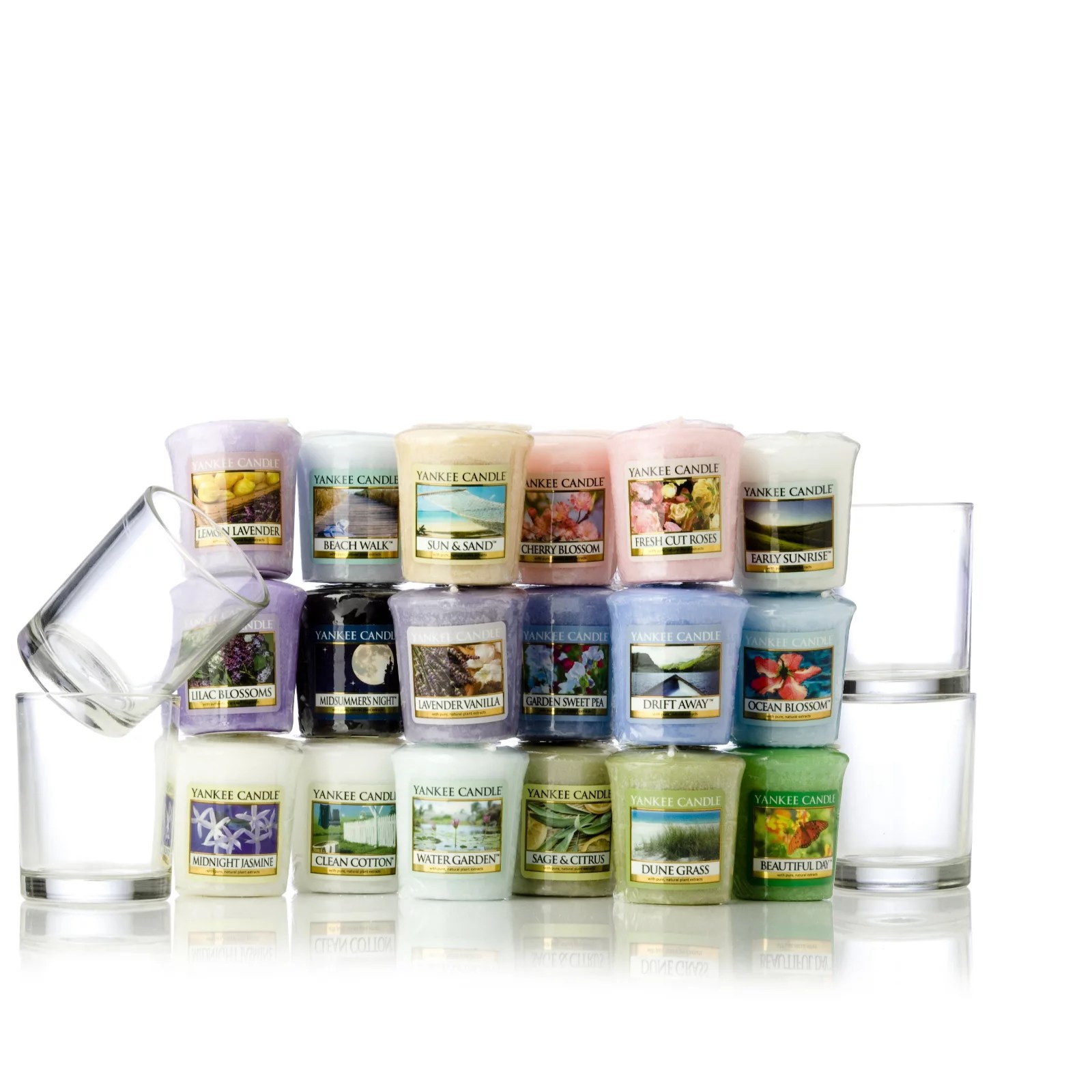 Yankee Candle Set of 18 Fresh & Floral Votives with 4 Glass Ho QVC UK