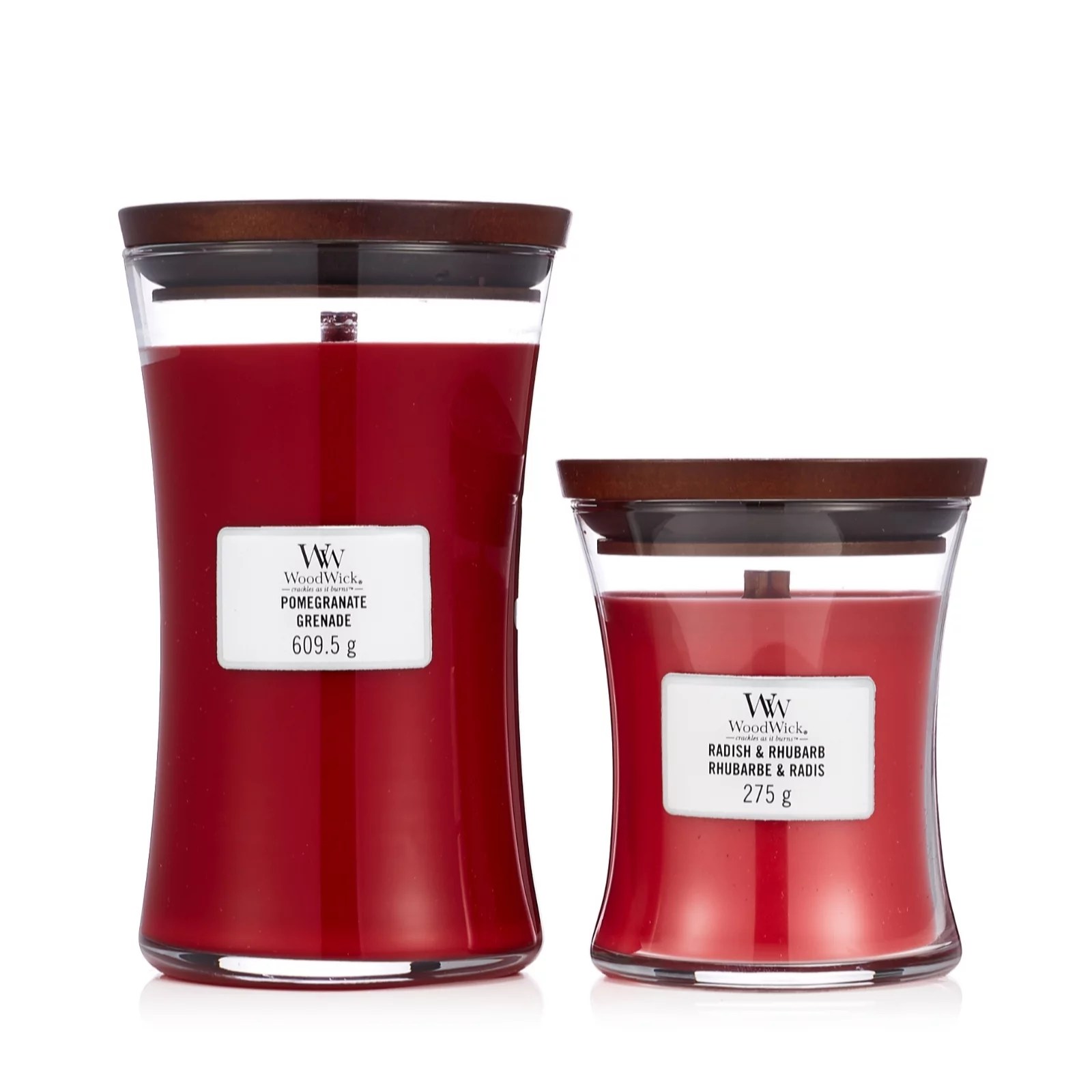 Woodwick Large Pomegranate & Medium Radish & Rhubarb Candle Set QVC UK