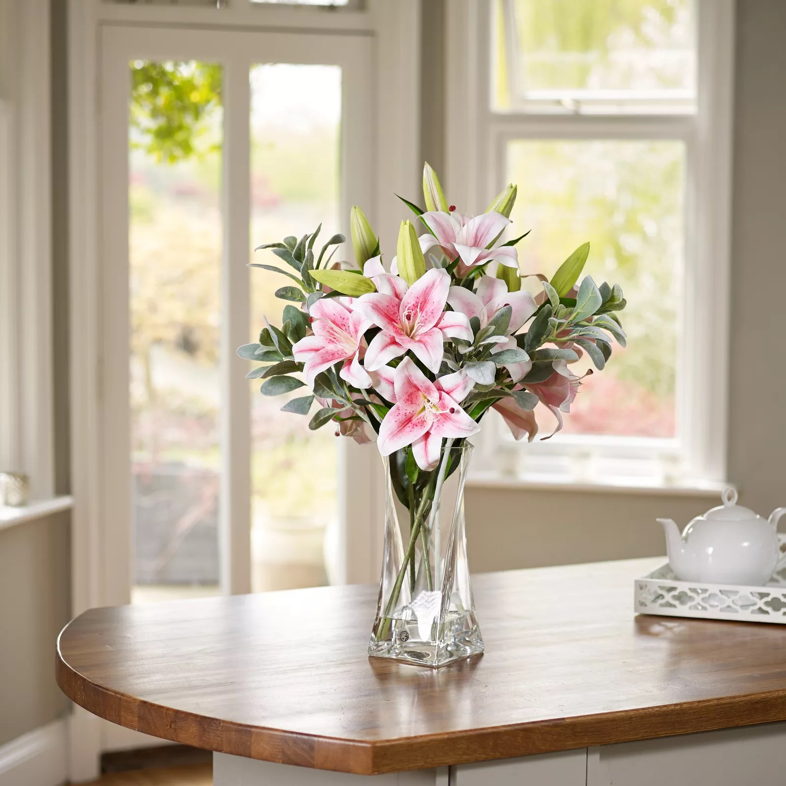 Peony Lilies & Foliage in a Clear Twisted Vase QVC UK
