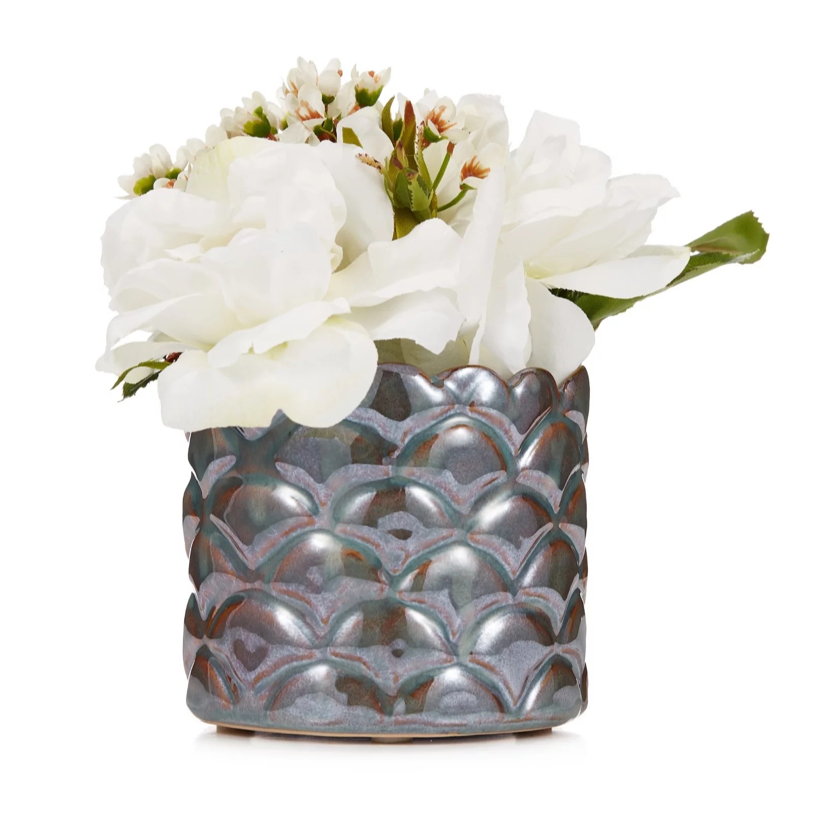 Peony Rose and Waxflower Set in a Scalloped Ceramic Pot QVC UK