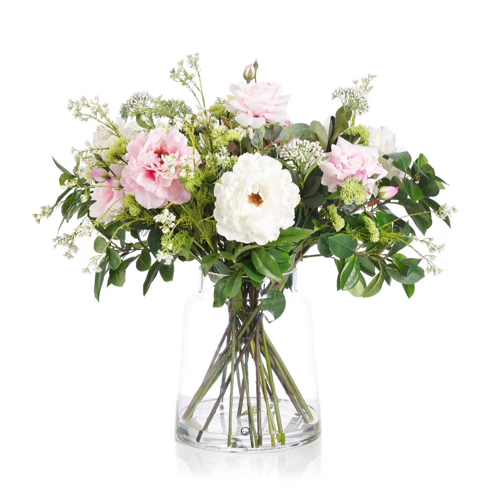 Peony Real Touch Peonies & Roses with Foliage in a Chimney Vase QVC UK