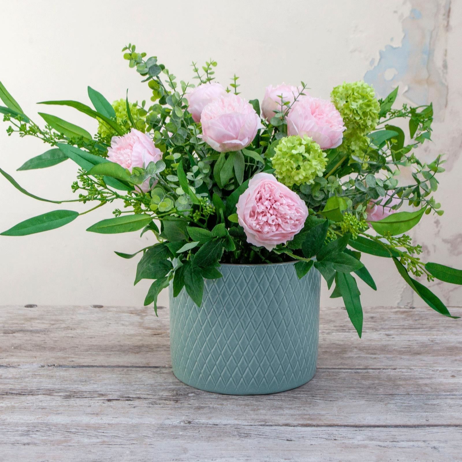 Peony Peonies & Foliage in a Diamond Engraved Pot QVC UK