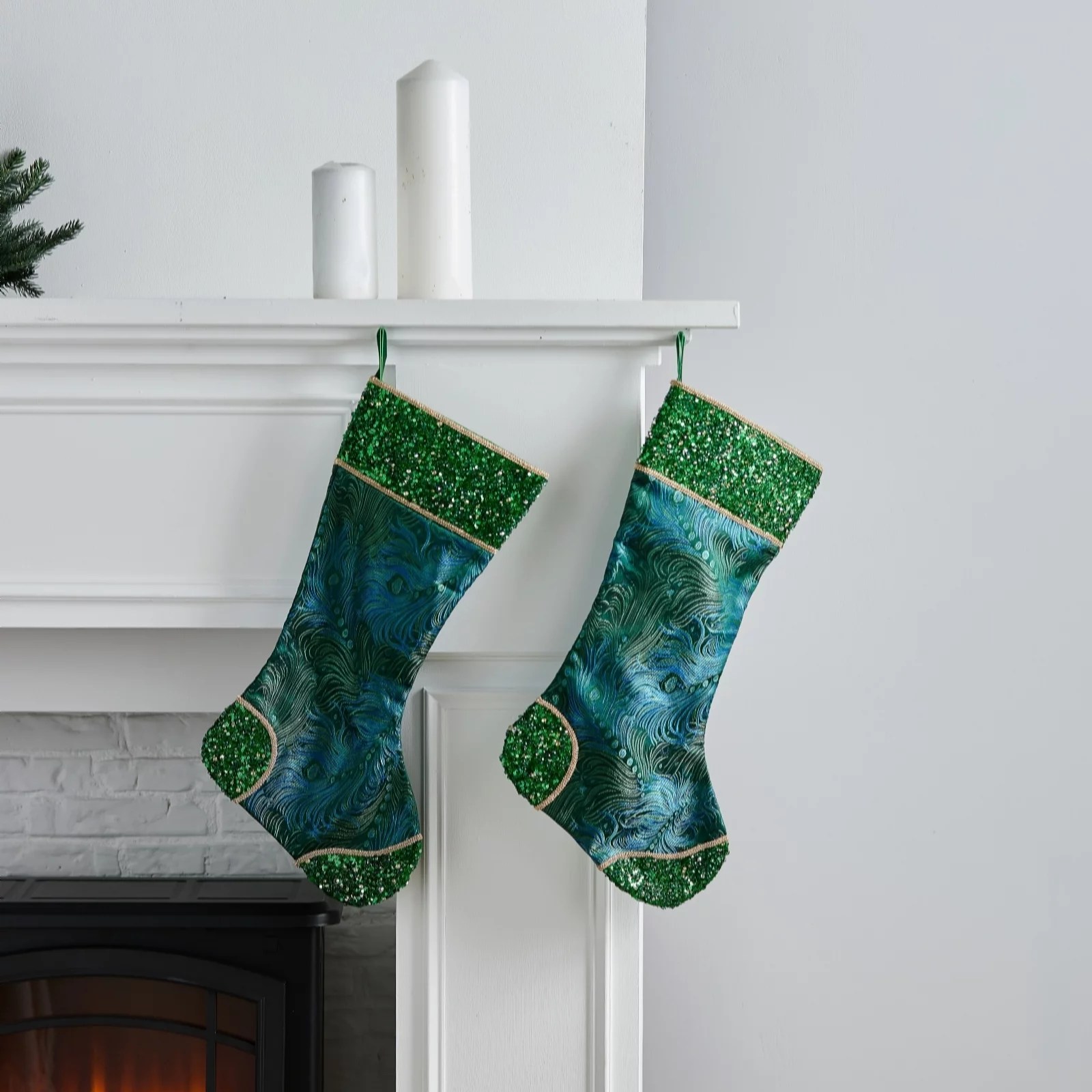 Outlet Alison Cork Set of 2 Peacock Jewelled Stockings QVC UK