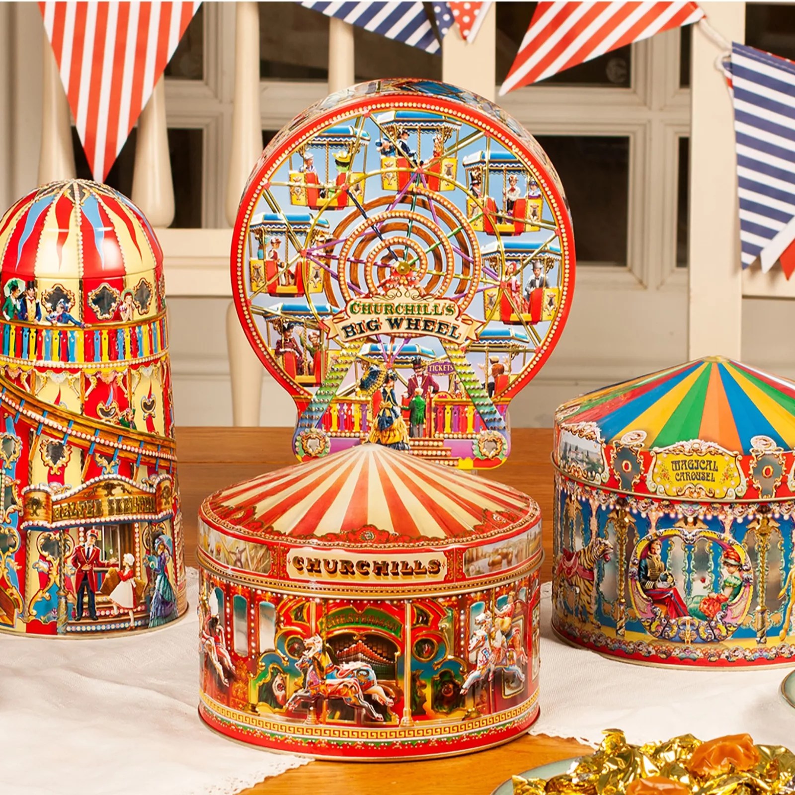 Churchill's Confectionery Set of 3 Fun Fair Tins with Biscuits QVC UK