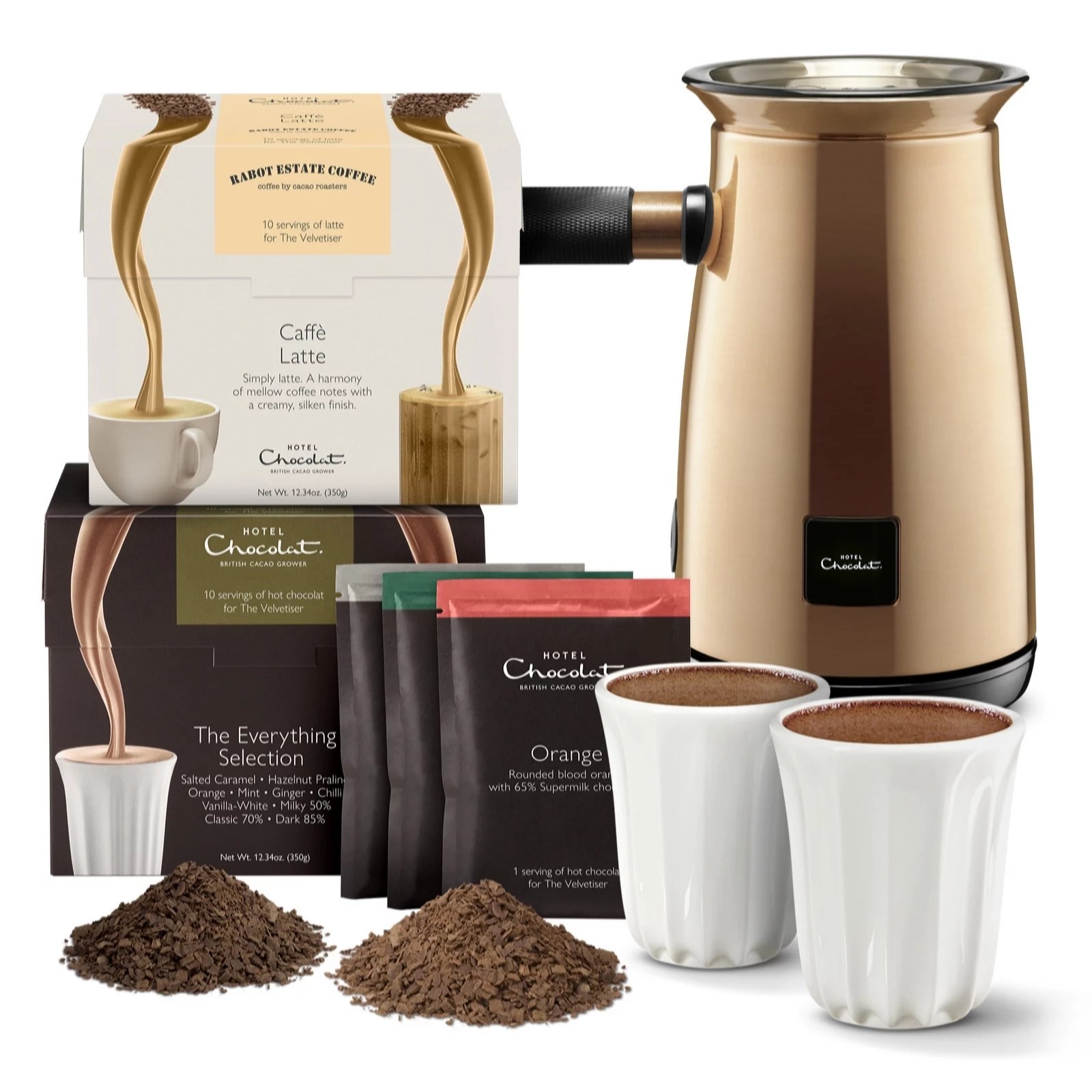 Hotel Chocolat Velvetiser with 10 Mixed, 10 Latte Sachets & 2 Pod Cups
