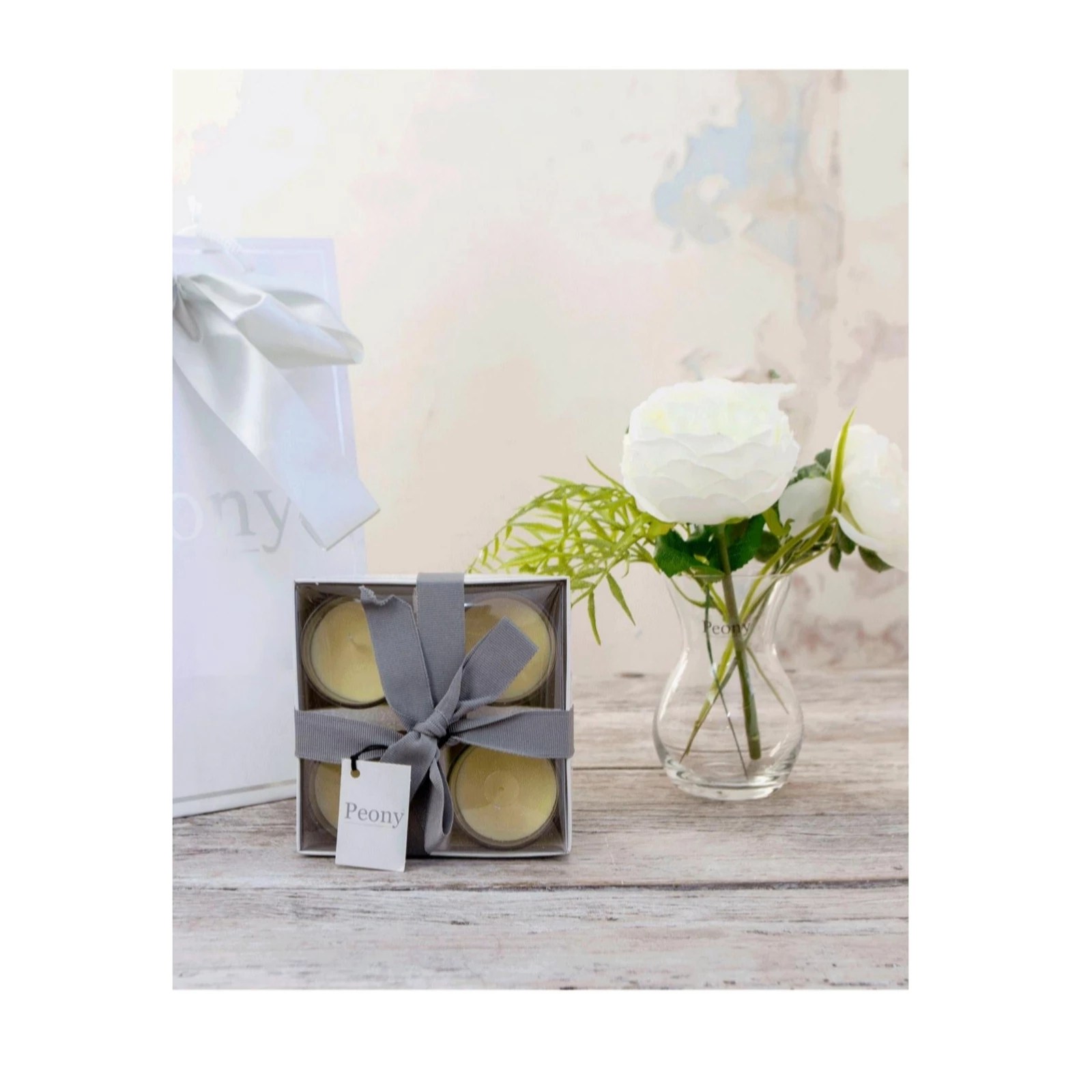 Outlet Peony Roses, Ranucula & Foliage Hourglass Vase w/ 4 Candles