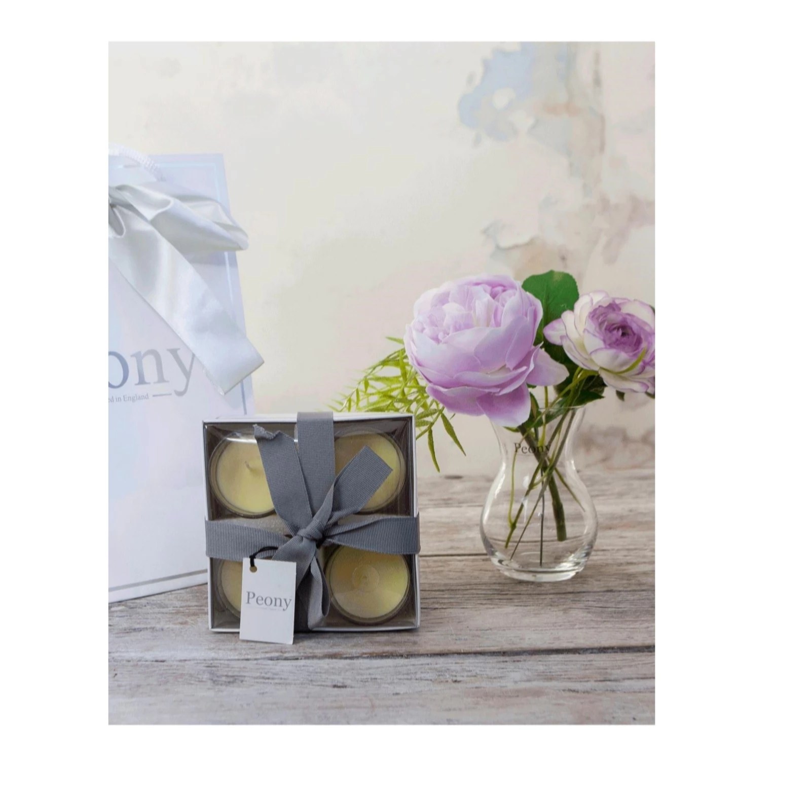 Outlet Peony Roses, Ranucula & Foliage Hourglass Vase w/ 4 Candles