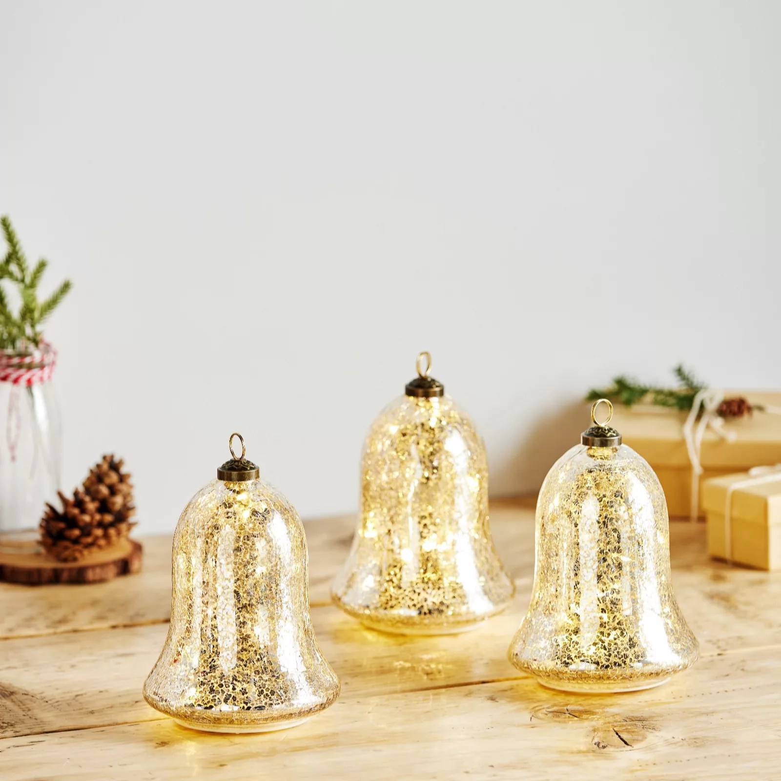 Alison Cork Set of 3 PreLit Mercury Glass Bells QVC UK