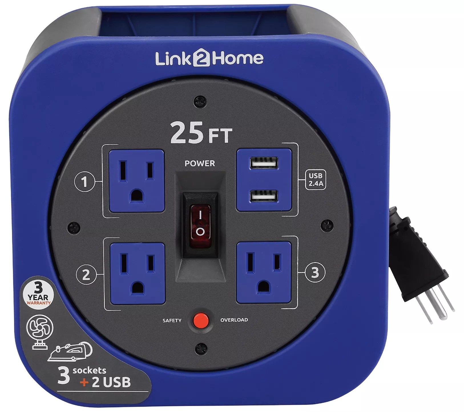 Link2Home Cord Reel 25' Extension Cord, 3 Outlets 2 USBs