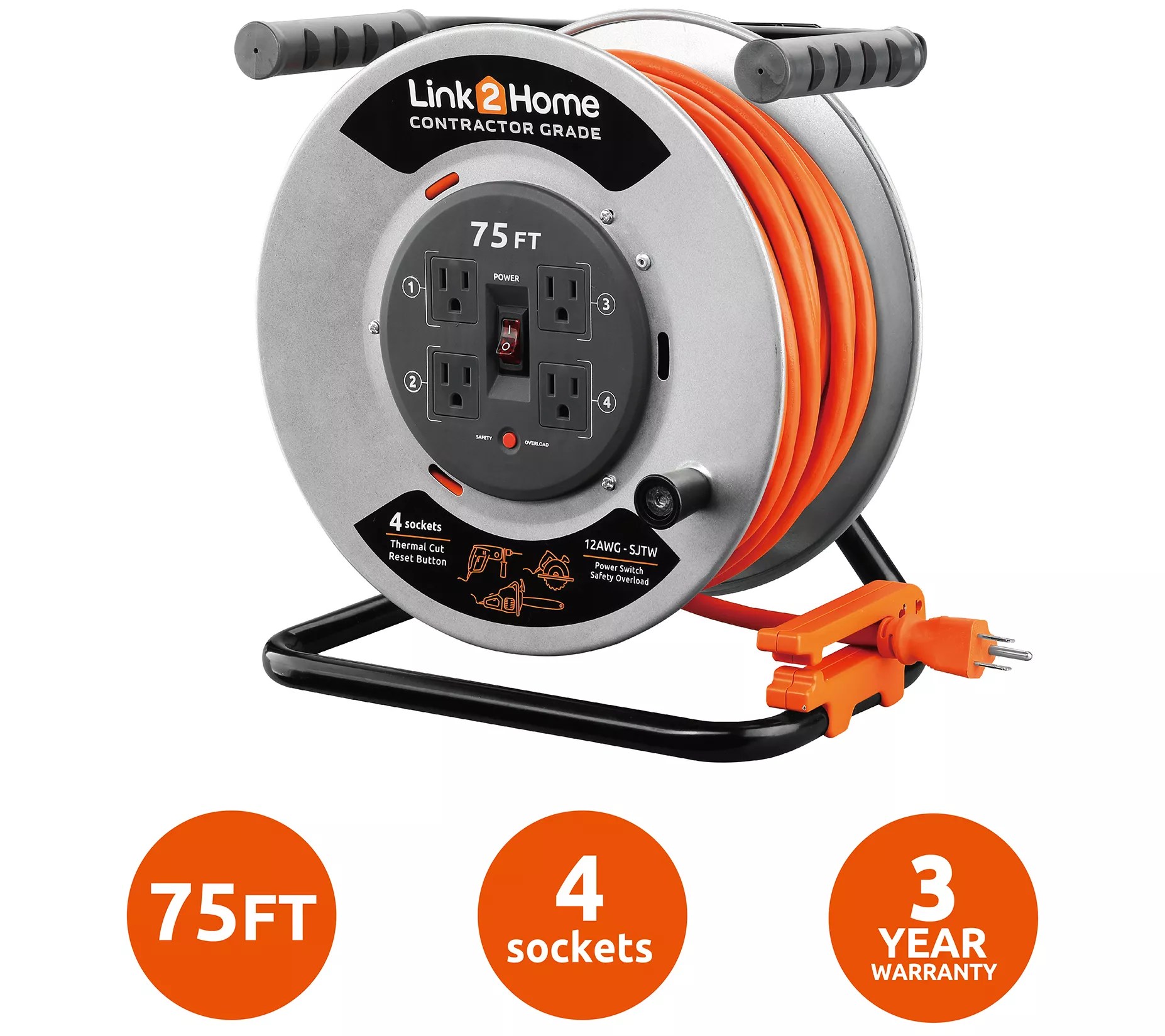 Link2Home 75' Extension Cord Reel w/4 Outlet