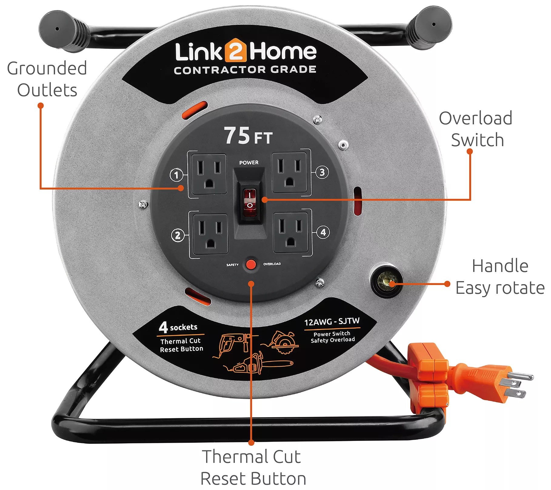 Link2Home 75' Extension Cord Reel w/4 Outlet