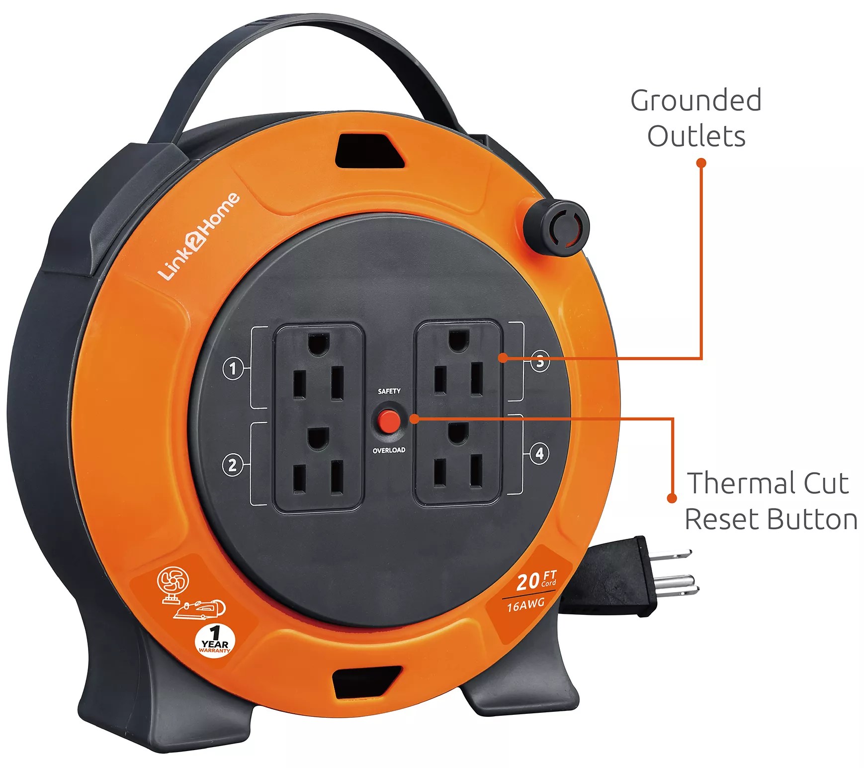 Link2Home 20' Extension Cord Reel w/ 4 GroundedOutlets