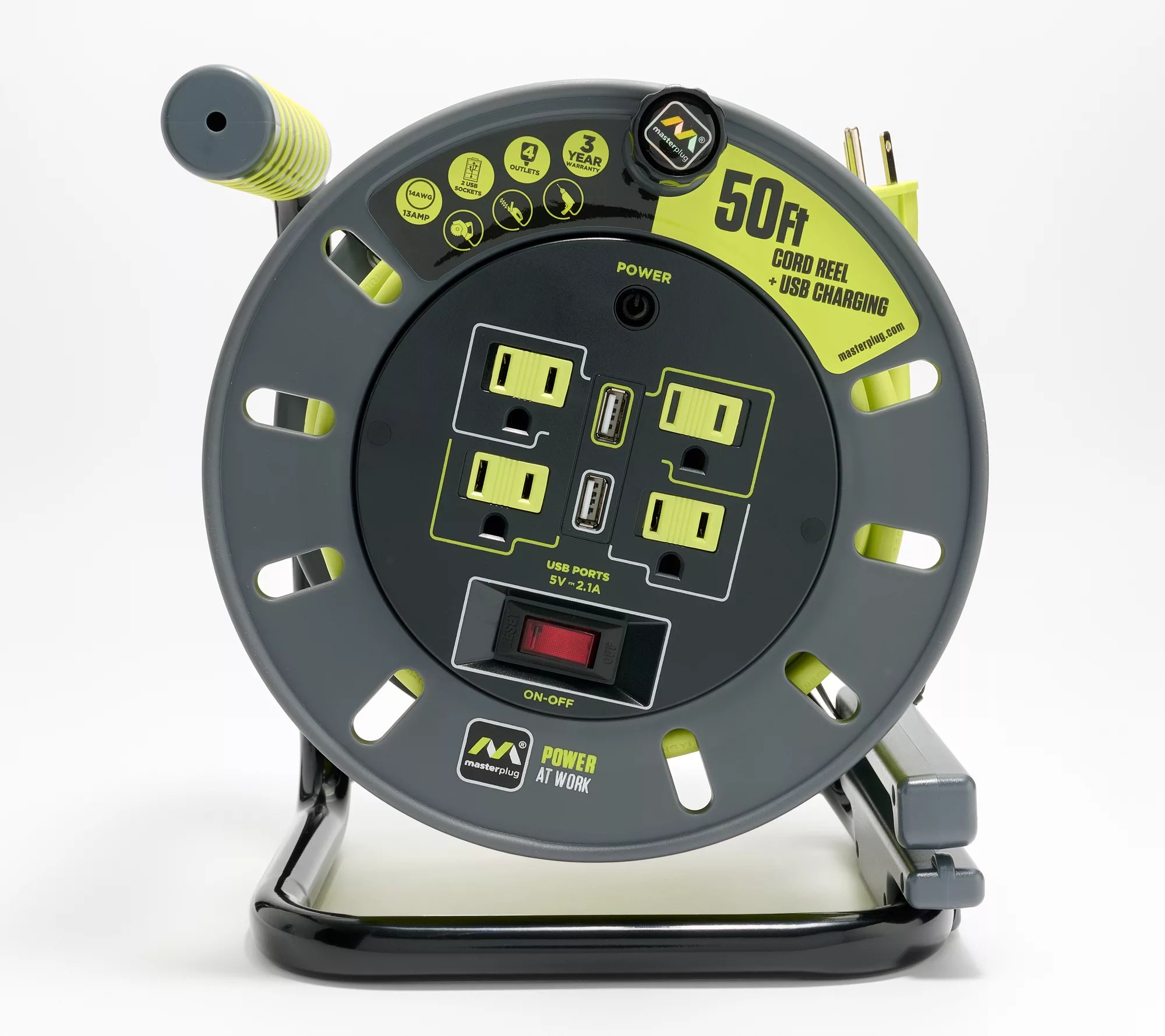 Masterplug 50' Extension Cord Reel with 4 Sockets and 2 USB Ports