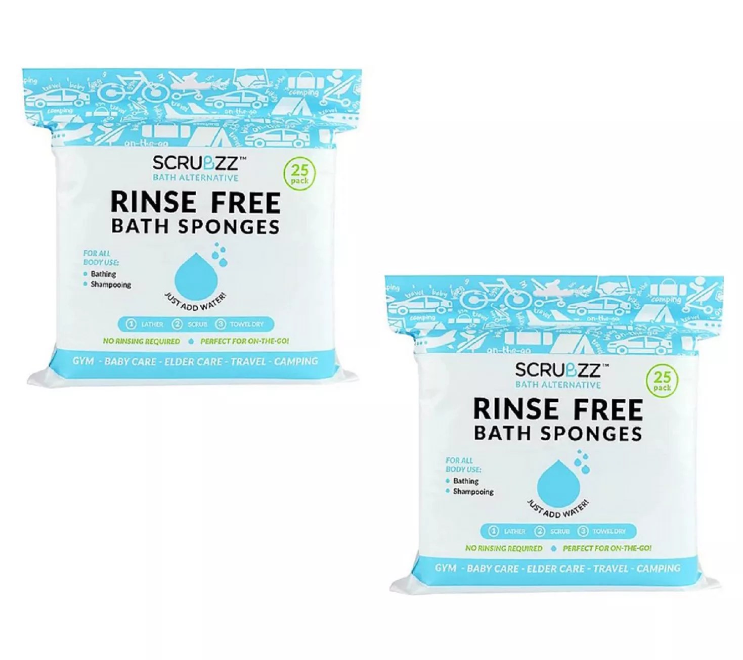 Scrubzz 50 Disposable NoRinse Travel and Bathing Sponge Wipes