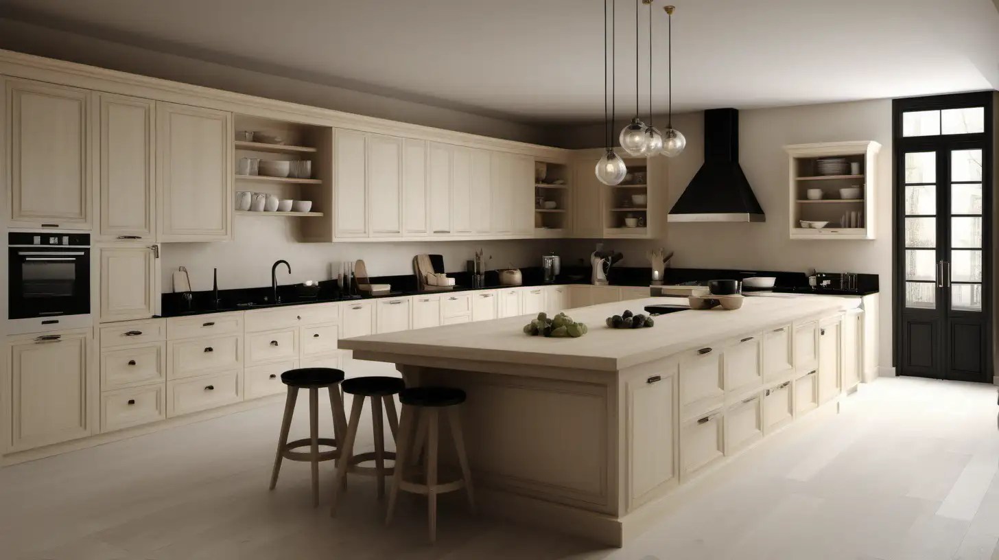 Modern Parisian Large Home Kitchen in Ivory and Blonde Oak with Black