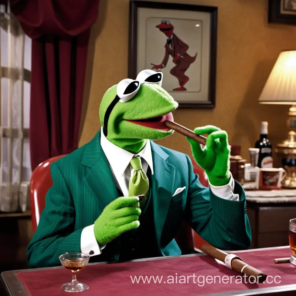 Sleek Kermit the Frog Dons 1950s Style Suit and Shades in a Classy Room