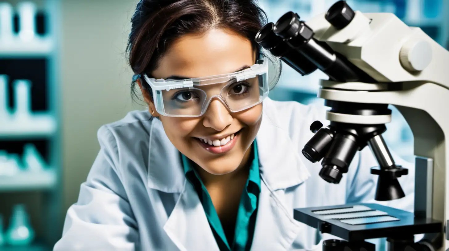 Smiling Hispanic Woman in Laboratory Wearing Lab Coat and Goggles MUSE AI