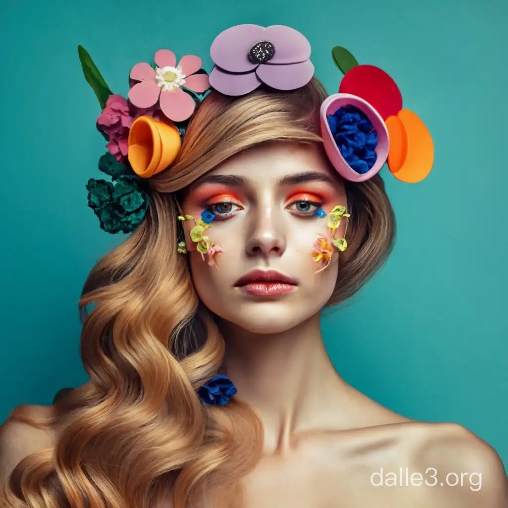 Adorable Model with Long Hair and Vibrant Plastic Flowers Dalle3 AI