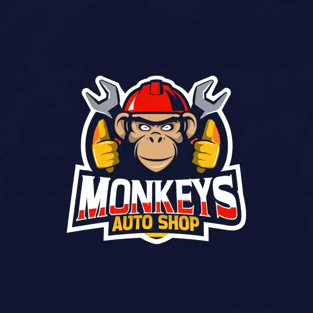 LOGO Design For Monkeys Auto Shop Playful Monkey Helmet Wrench Emblem