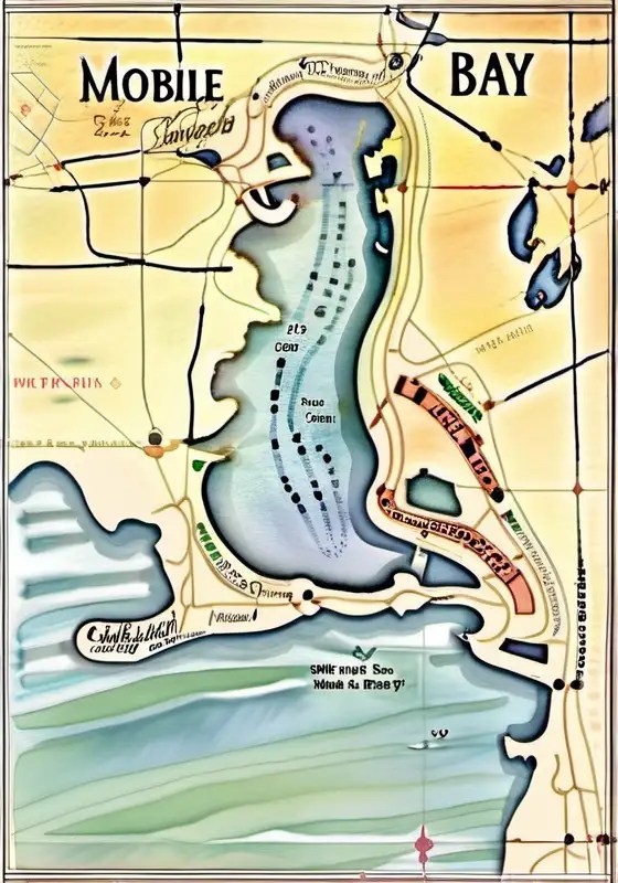 Tranquil Watercolor Map of Mobile Bay MUSE AI