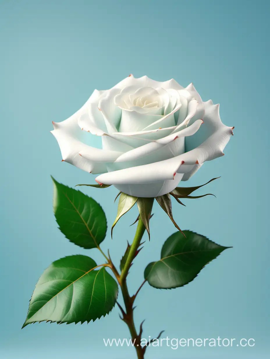 Elegant 4K White Rose with Fresh Lush Green Leaves on a Pure Light Blue