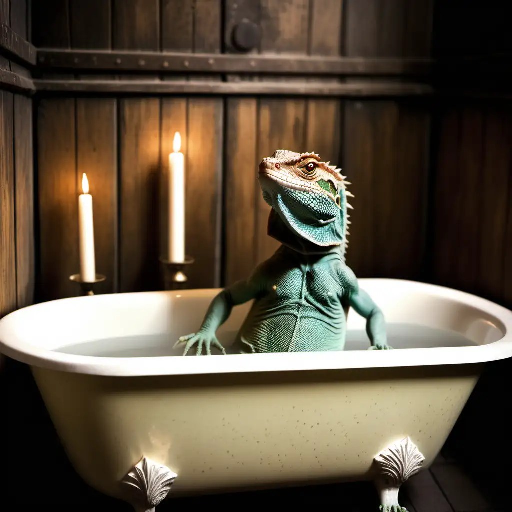 Vintage Bath Time HumanSized Lizard Relaxing in Candlelit Tub MUSE AI