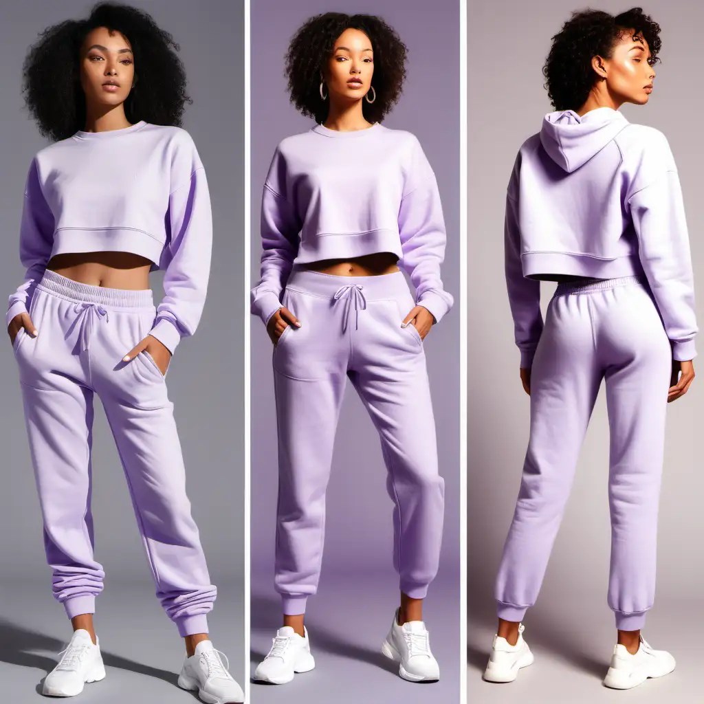 Slim Women in Lavender Sweatpants and Crop Sweatshirt Poses MUSE AI