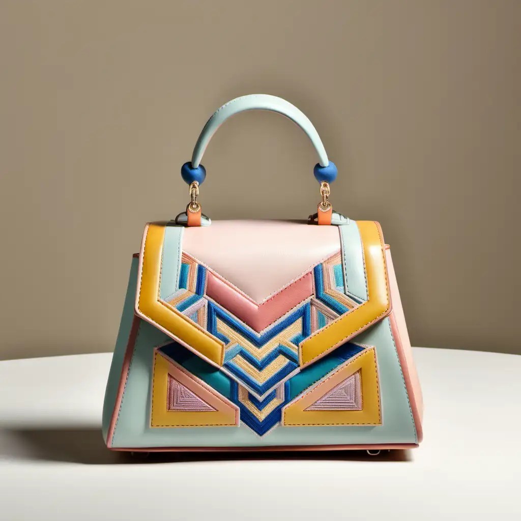 Luxury Geometric Design Leather Bag with Embroidered Inserts in Pastel