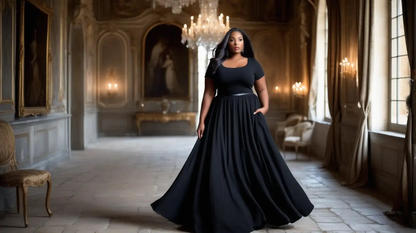 Elegant Plus Size Model in Flared Black Dress at Winter Castle