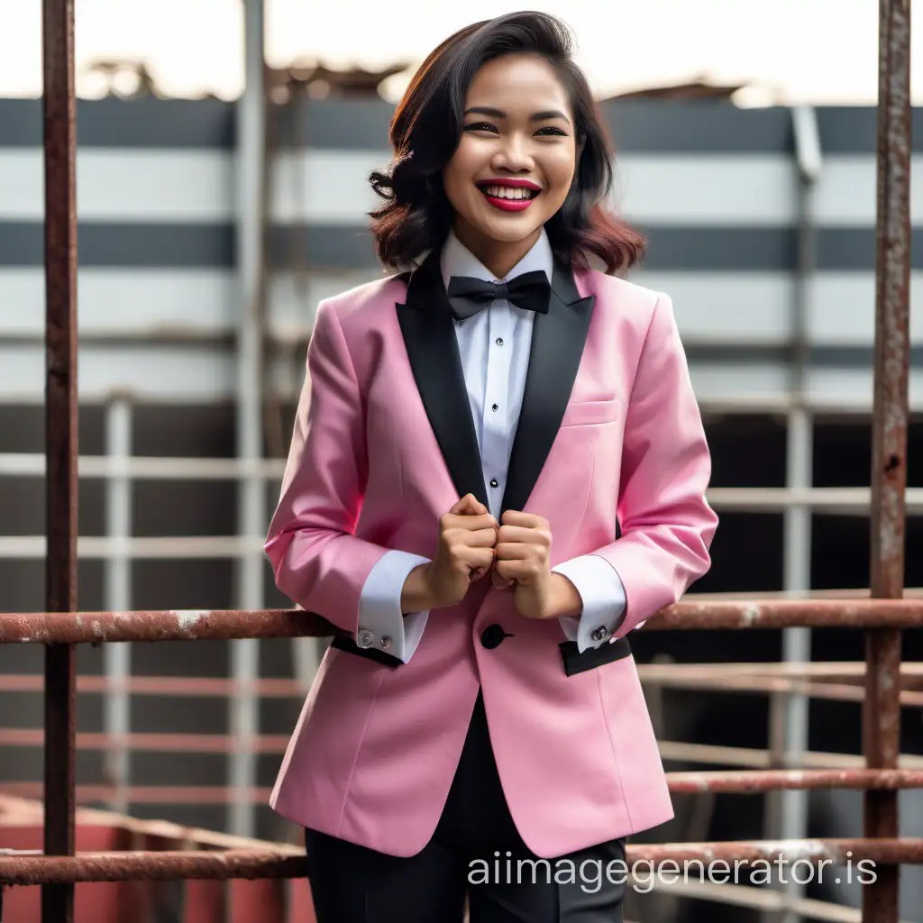 Stylish Indonesian Woman in Pink Tuxedo Smiling on Scaffold AI Image