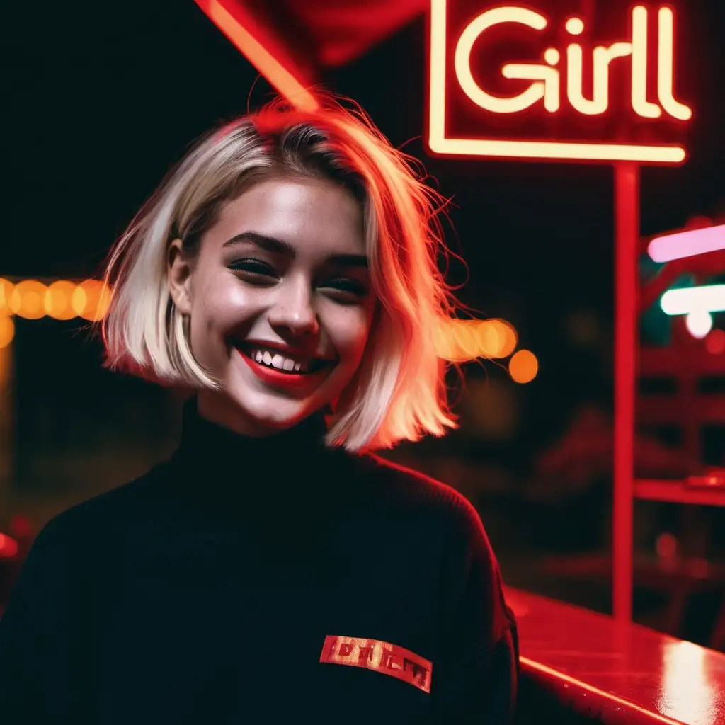 Blonde English Girl Laughing Under Red Neon Lights at Outdoor Bar MUSE AI