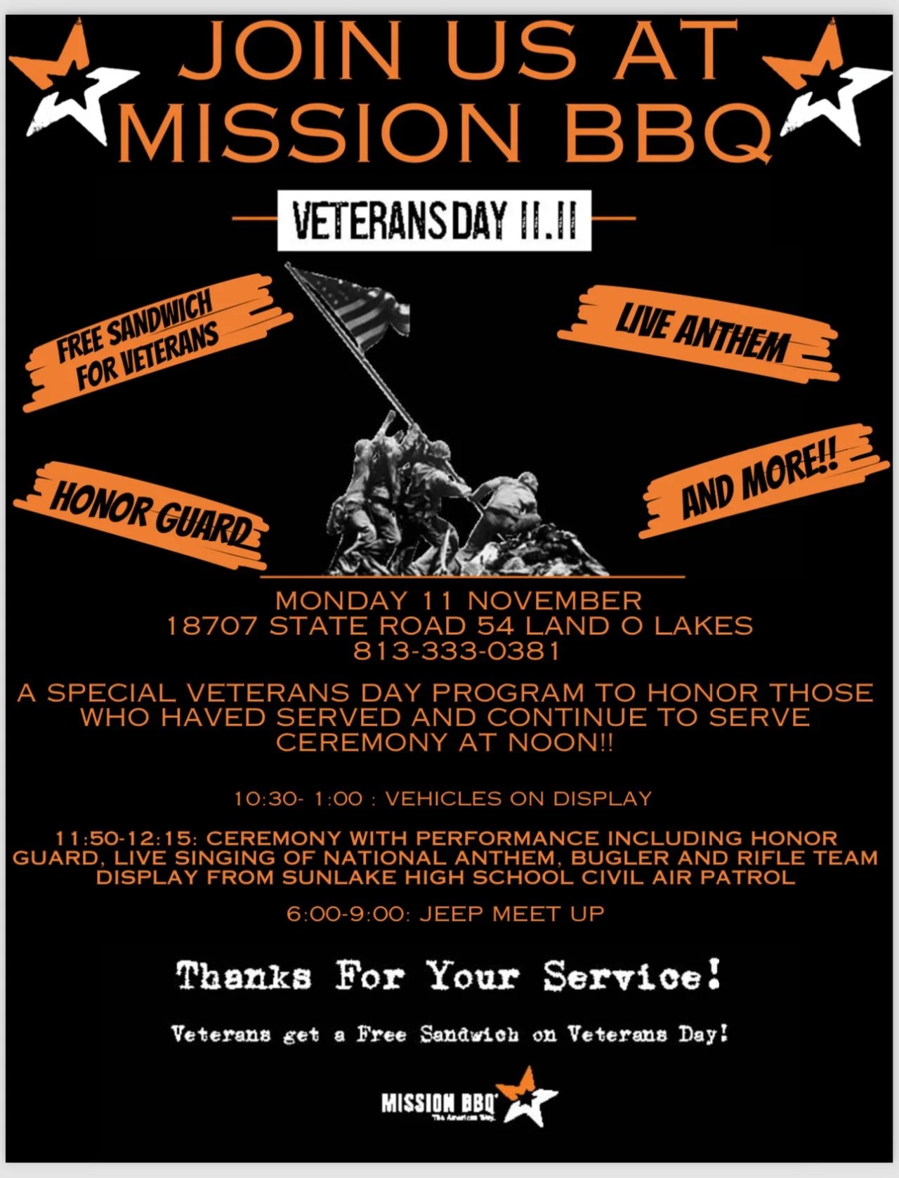 Veteran’s Day with Mission BBQ at Land O Lakes, Florida November 11