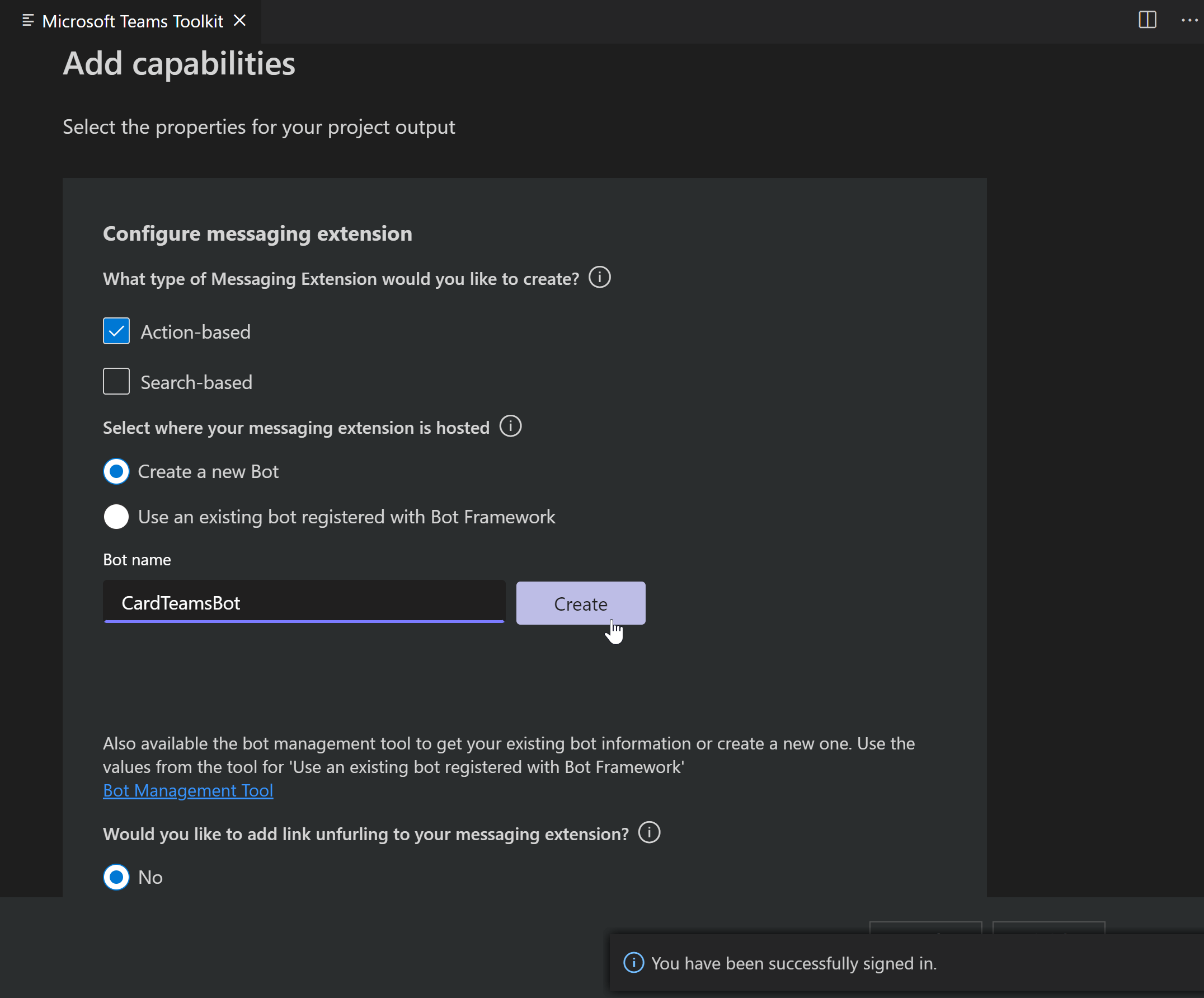 Messaging extension using Microsoft Teams Toolkit Rabia Williams