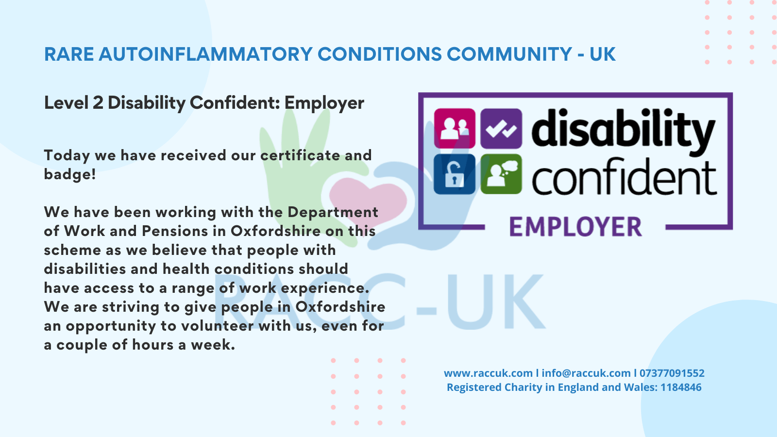 RACC UK receives Level 2 Disability Confident Employer Autoinflammatory Conditions Charity