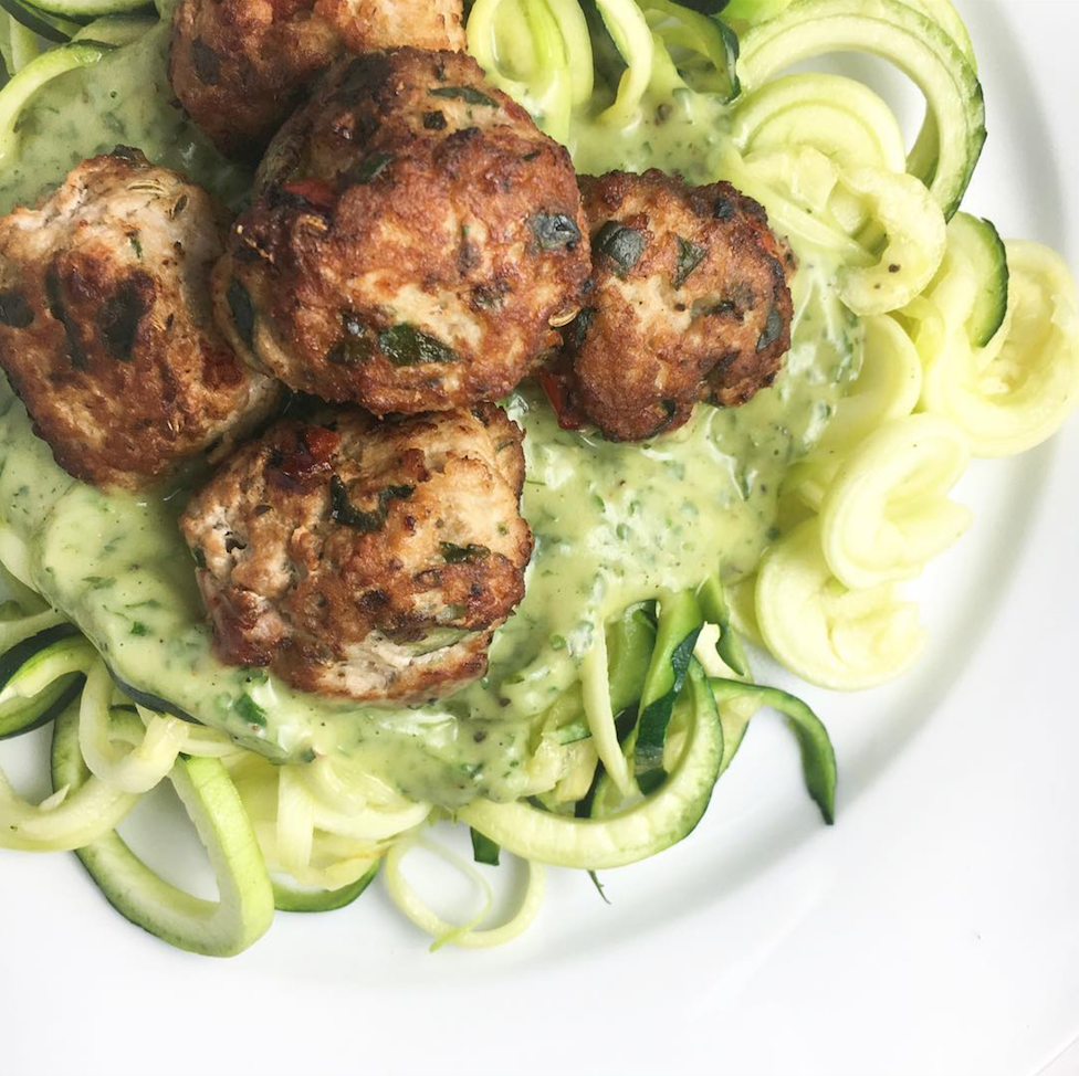 Zoodles Topped With Organic Turkey Meatballs And Cilantro Avocado Sauce