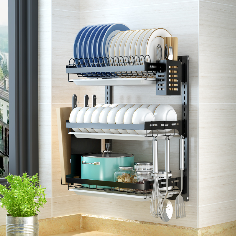 WALL MOUNT HEAVY DISH RACK, 3 LAYER KITCHEN DISH RACK WITH SPOON, KNIFE