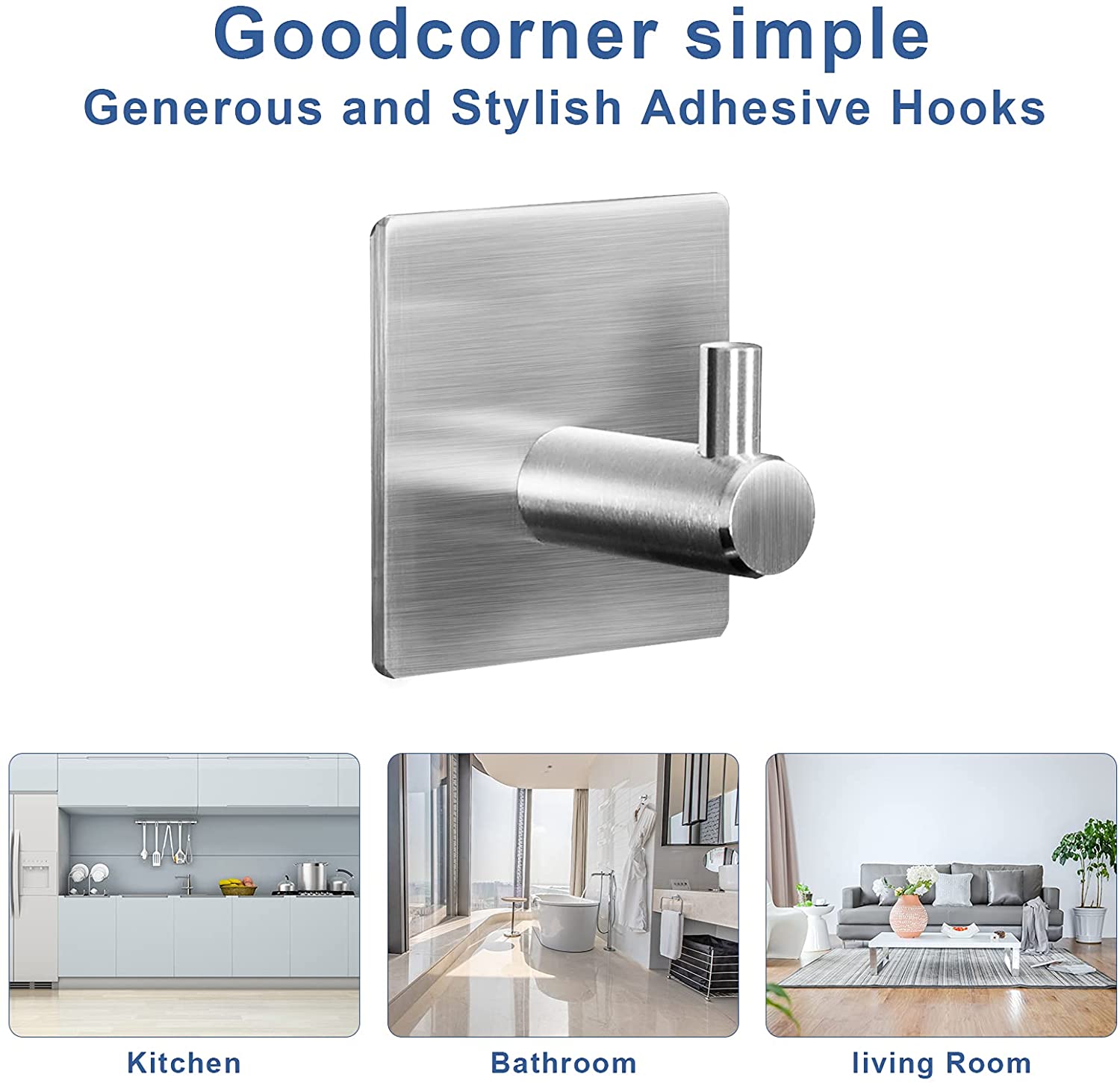 STAINLESS STEEL COAT HOOKS, ADHESIVE TYPE CLOTH HANGER, 3 PCS PACK