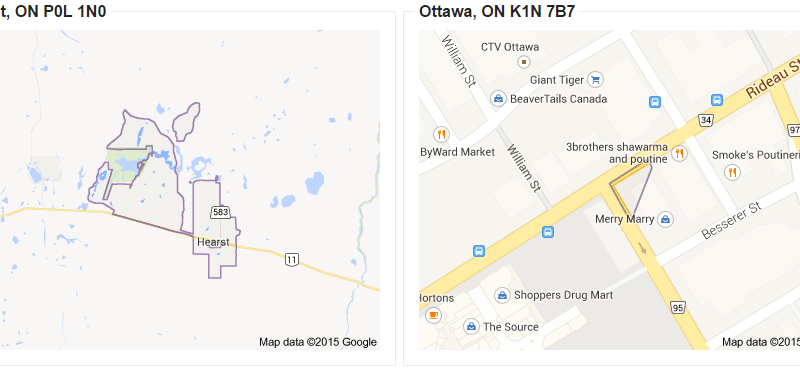 Situez un code postal canadien sur la carte du pays Alliance des radios communautaires du