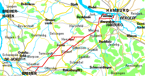 radweit Hamburg Bremen per Fahrrad, Übersicht der direkten Route