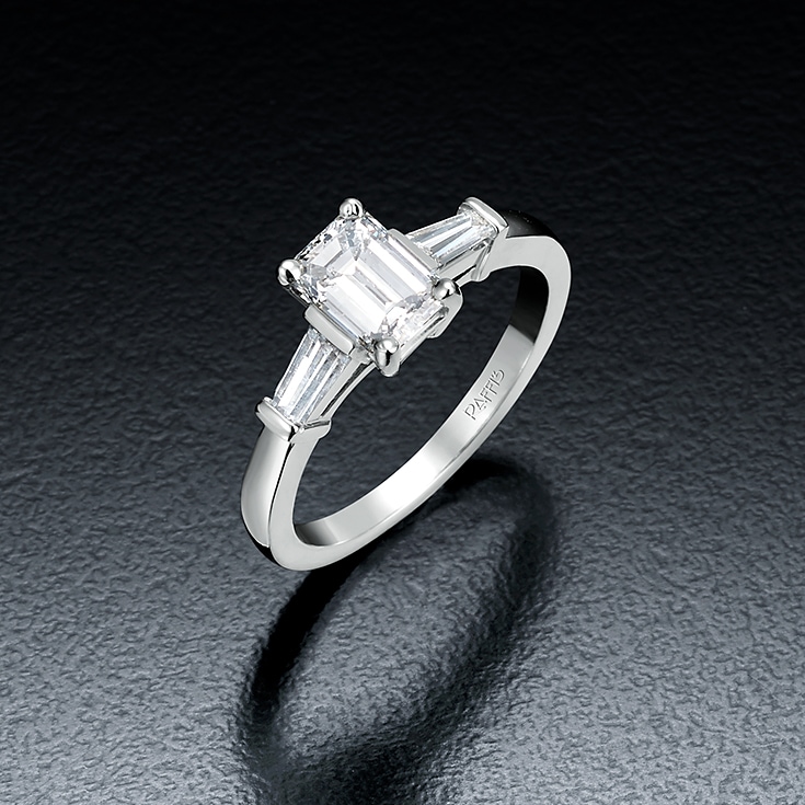 Platinum Emerald cut & Tapered Baguette Diamond engagement ring Raffis